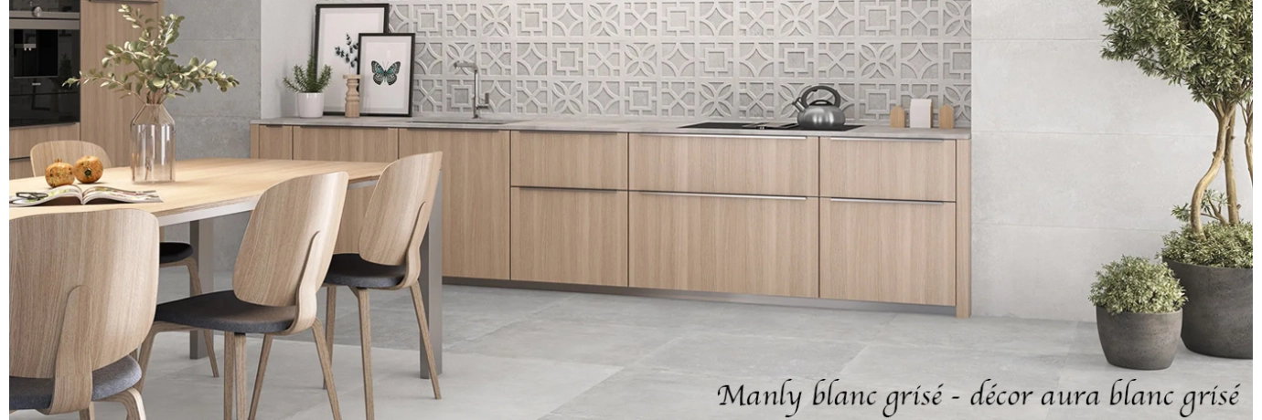 Carrelage mur Manly décor Avra blanc grisé pour le mur de la cuisine 