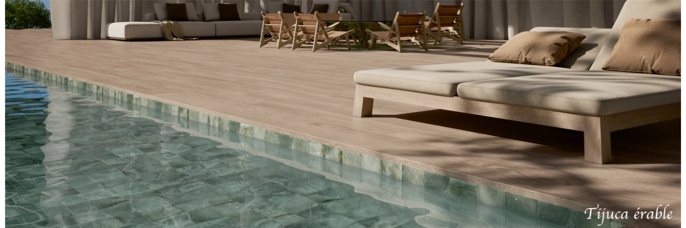 Carrelage sol extérieur effet bois Tijuca érable marron clair pour la terrasse