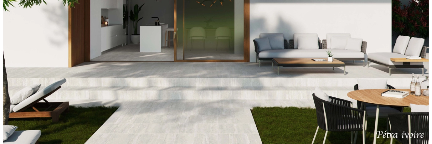 Dalle extérieur Pétra 2.0 ivoire dans les tons gris blanc pour la terrasse 
