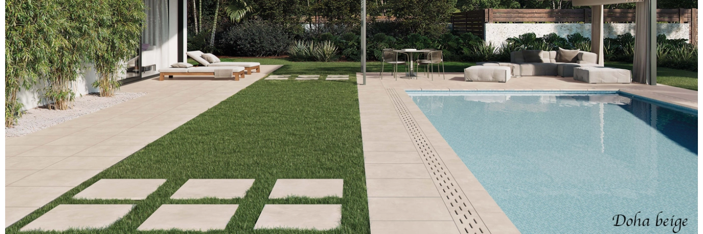 Dalle extérieur Doha 2.0 beige pour le contour de la piscine style déco moderne