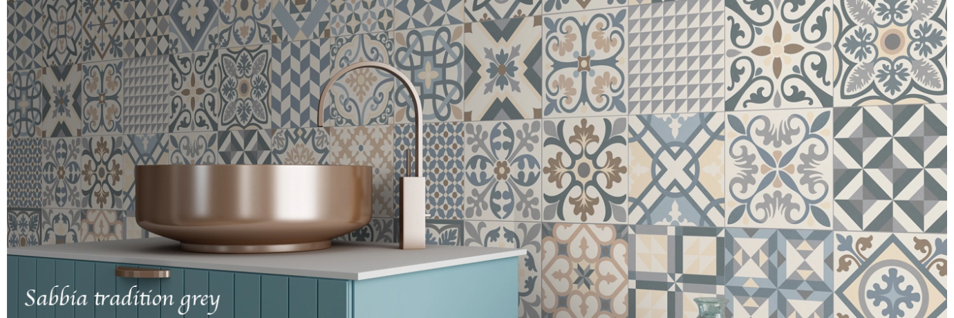 Carrelage sol effet carreaux de ciment Tradition gris pour le mur de la salle de bain
