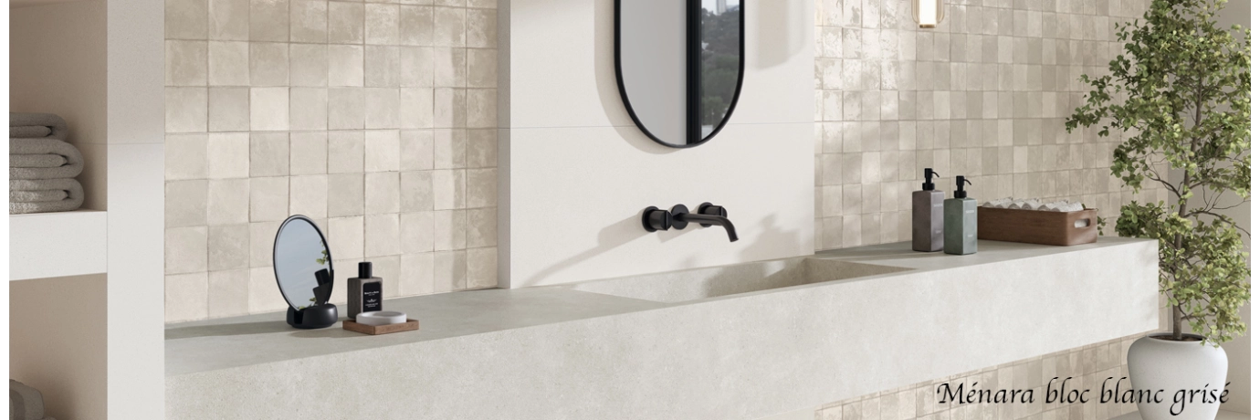 Carrelage mur effet zellige Ménara bloc blanc grisé pour le mur de la salle de bain