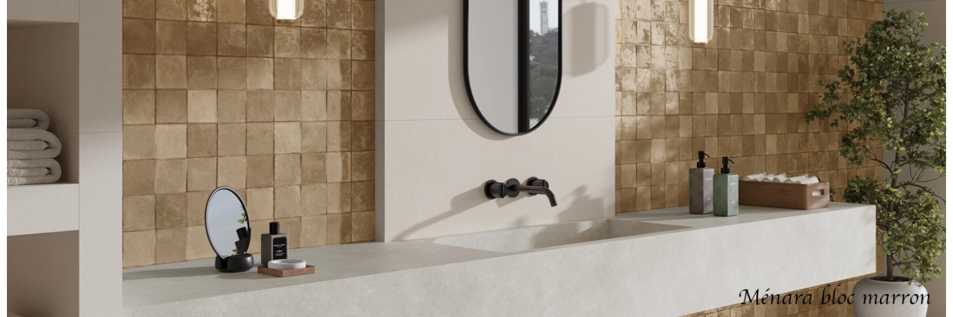 Carrelage mur effet zellige Ménara bloc marron pour le mur de la salle de bain