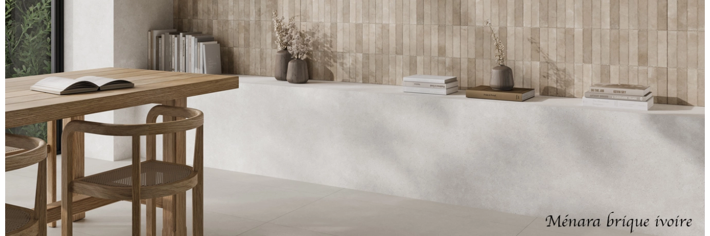 Carrelage mur effet zellige Ménara brique ivoire pour le mur de la salle de bain