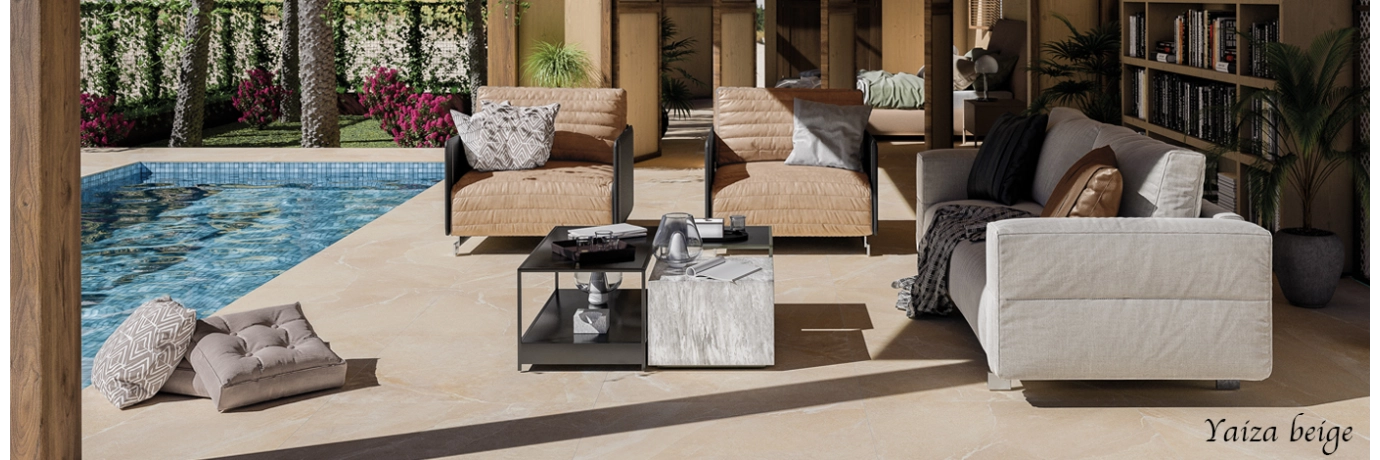 Dalle extérieur Yaiza beige pour la terrasse et le contour de la piscine