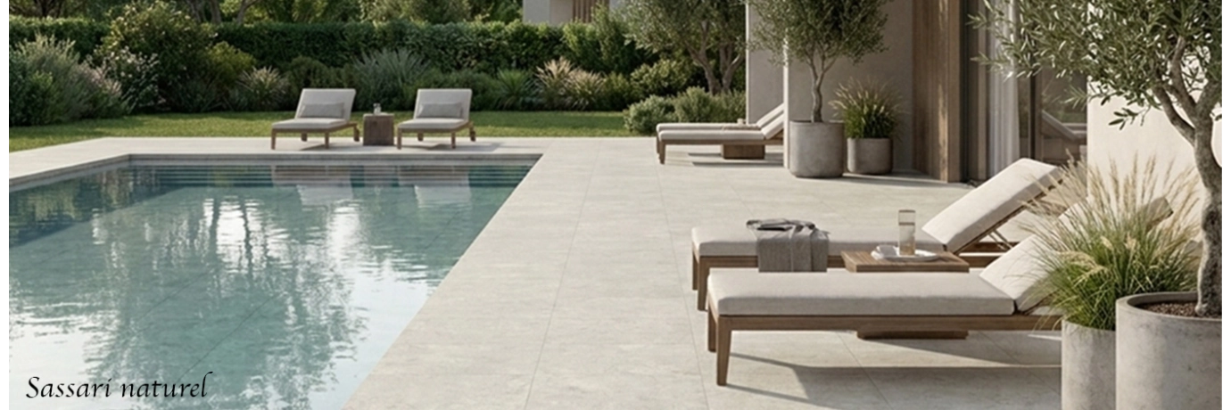 Dalle extérieur Sassari 2.0 nature couleur gris clair pour le contour de la piscine