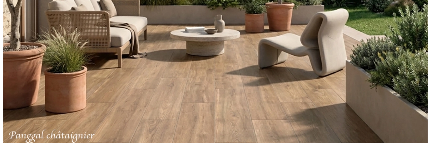 Dalle extérieur effet bois Panggal châtaignier couleur marron clair pour le sol de la terrasse
