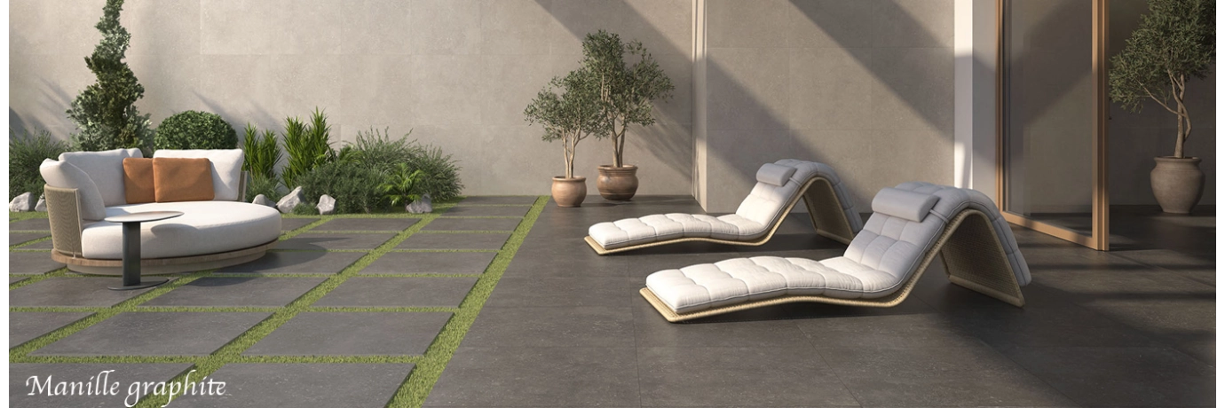Dalle extérieur Manille 2.0 gris noir R11 60x60 pour le contour de la piscine