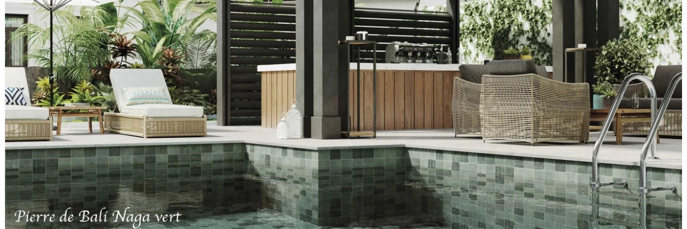 Carrelage sol extérieur effet Pierre de Bali Naga vert pour l'intérieur de la piscine