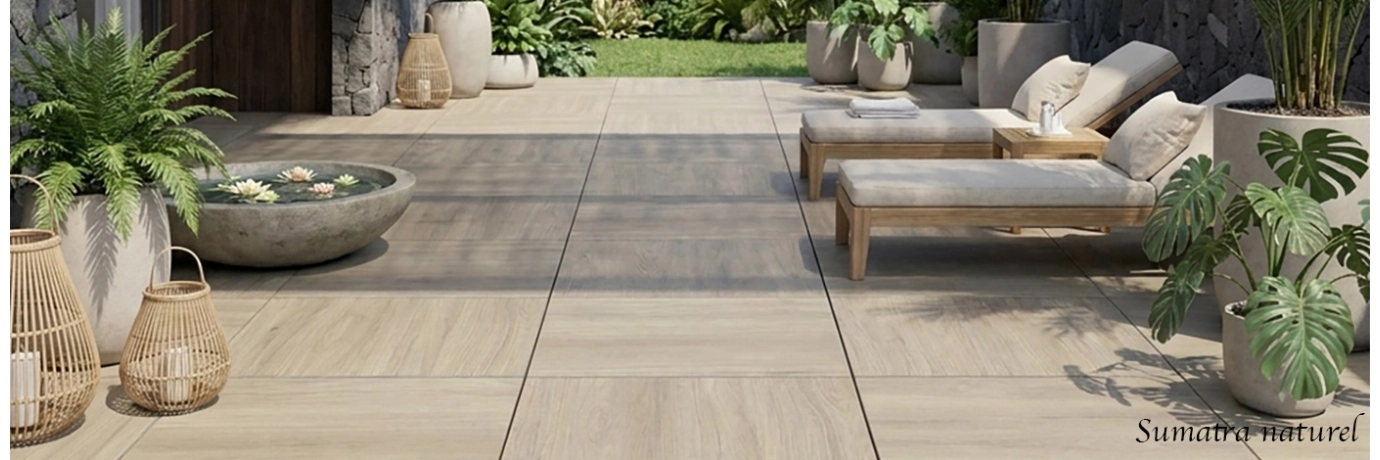 Dalle extérieur effet bois Sumatra naturel dans les tons bois pour la terrasse style déco Bali