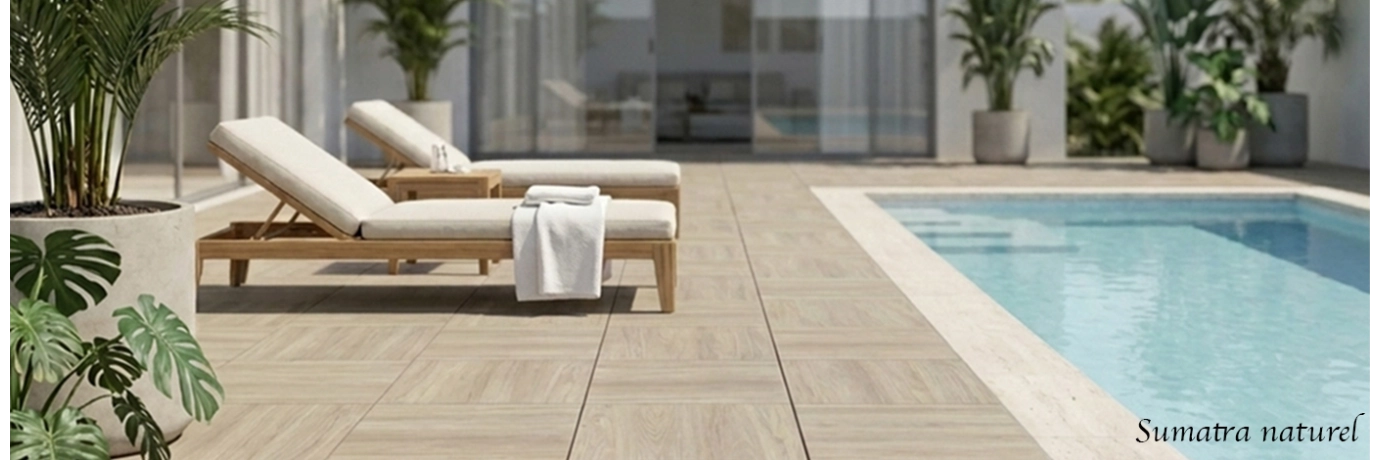 Dalle extérieur effet bois Sumatra naturel dans les tons bois pour le contour de la piscine style déco moderne