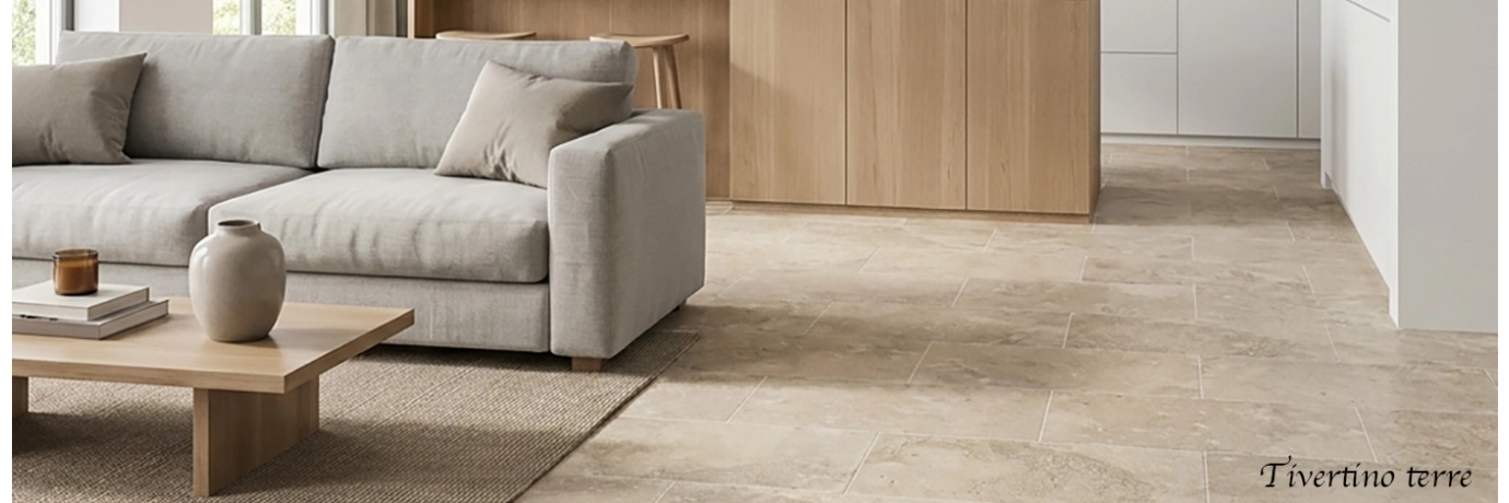Carrelage sol effet Travertin Tivertino Terre couleur beige foncé pour salon intérieur style déco suédoise Carrelage sol effet Travertin Tivertino Terre couleur beige foncé pour salon intérieur style déco suédoise