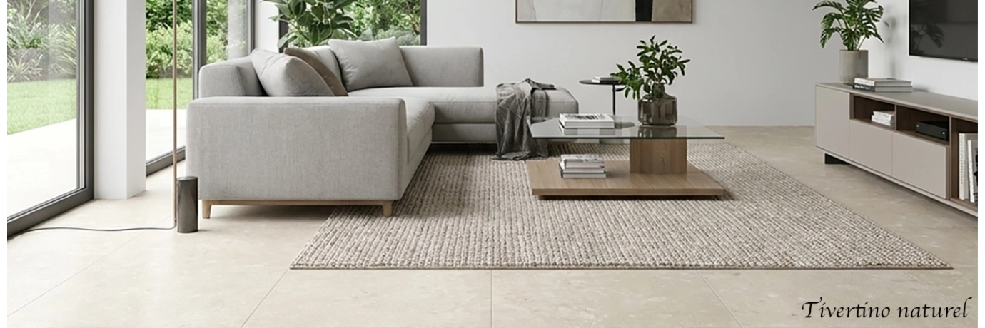 Carrelage sol effet Travertin Tivertino Naturel couleur beige clair pour le sol du salon Carrelage sol effet Travertin Tivertino Naturel couleur beige clair pour le sol du salon