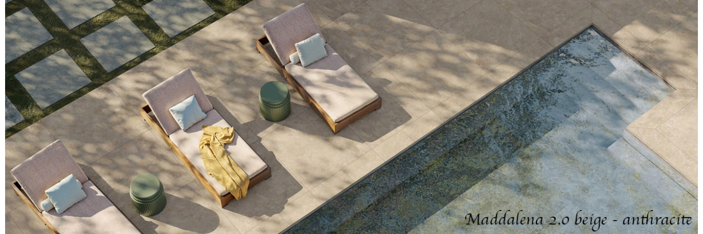 Dalle extérieur effet pierre Maddalena 2.0 beige et gris pour le contour de la piscine