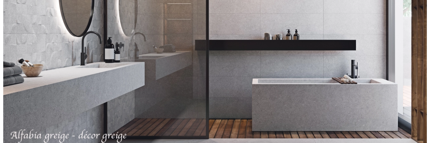 Carrelage mur greige et Décor Alfabia greige pour la salle de bain 