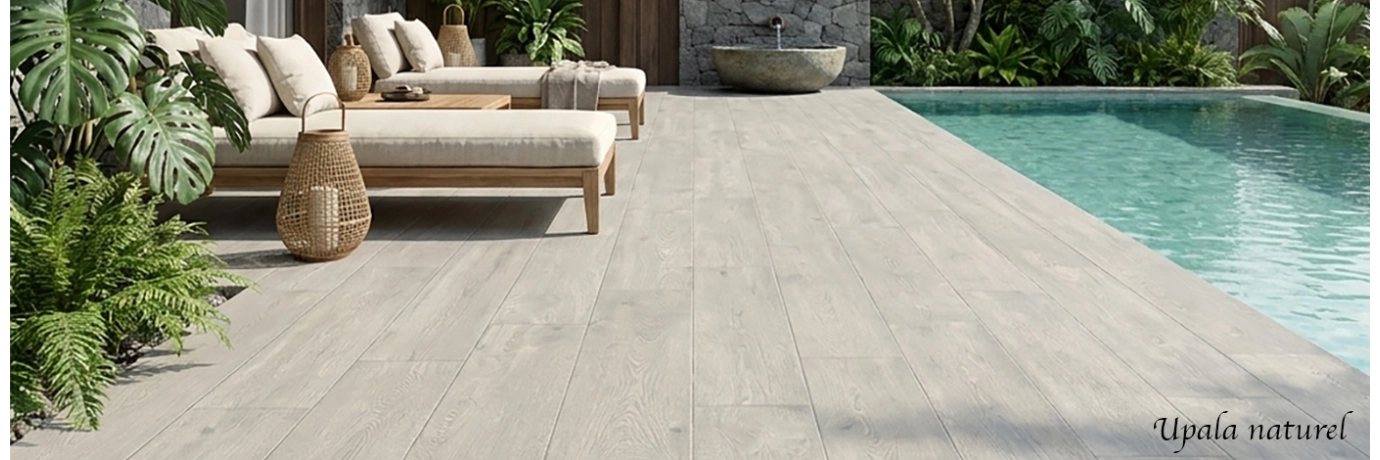 Dalle extérieur effet bois Upala naturel dans les tons gris pour la terrasse et le contour de la piscine