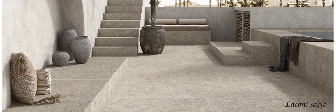 Dalle extérieur Laconi 2.0 sable pour le contour de la piscine et de la terrasse 