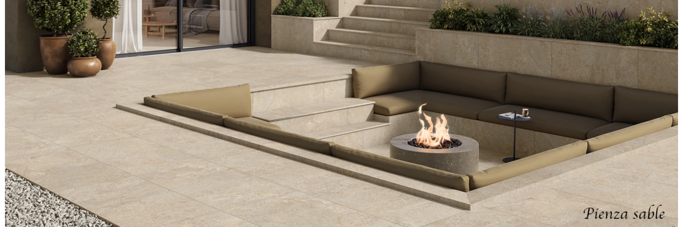 Dalle extérieur Pienza 2.0 sand couleur beige pour la terrasse style déco bali 